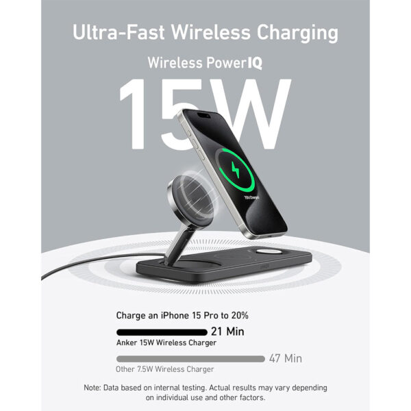 Anker 15W Ultra-Fast Foldable 3-in-1 Wireless Charging Station – Qi2 Certified for iPhone, Apple Watch, and AirPods - Image 3