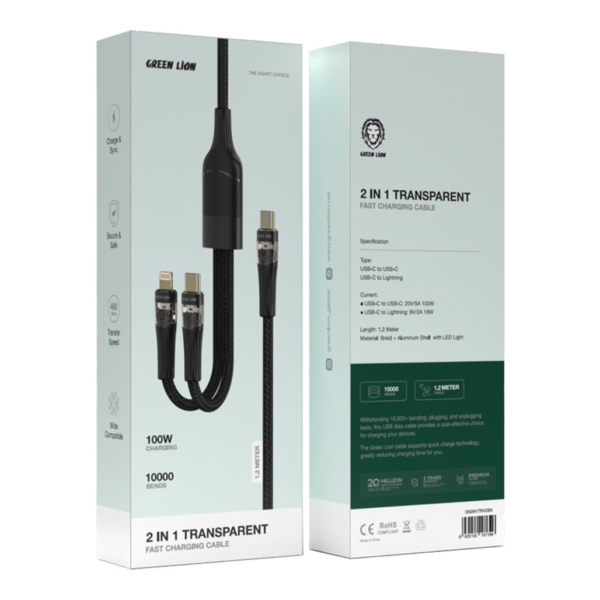 Green Lion 2-in-1 Transparent Fast Charging Cable with 100W Power – Black - Image 2